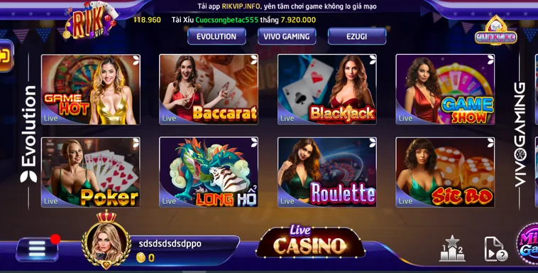 Sảnh live casino đa dạng hình thức và thể loại.